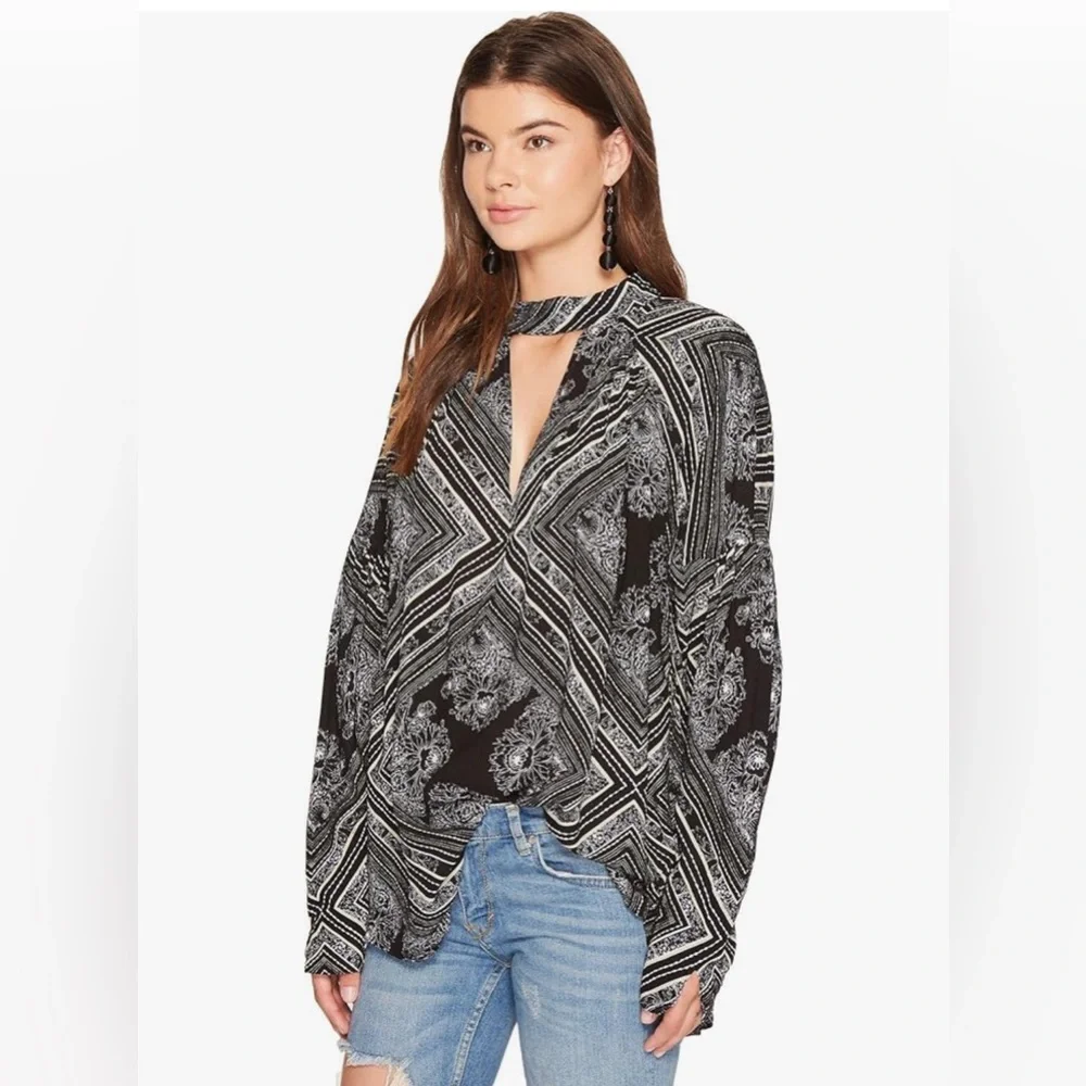 Free People Walking on a Dream Long Sleeve Flowy Sexy Black Keyhole Neck Tunic S